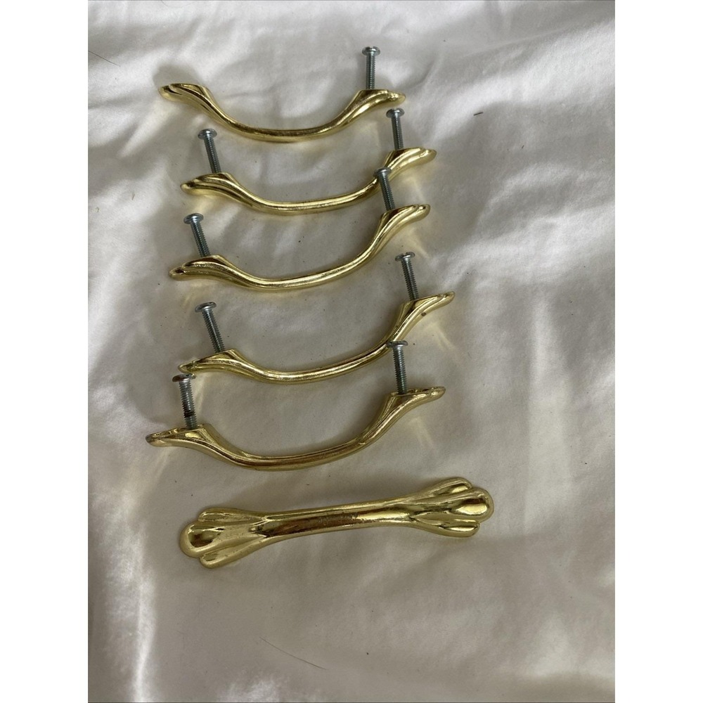 Lot of 6 Vintage hardware cabinet handles satin Brass Plated Pull Paw Shell